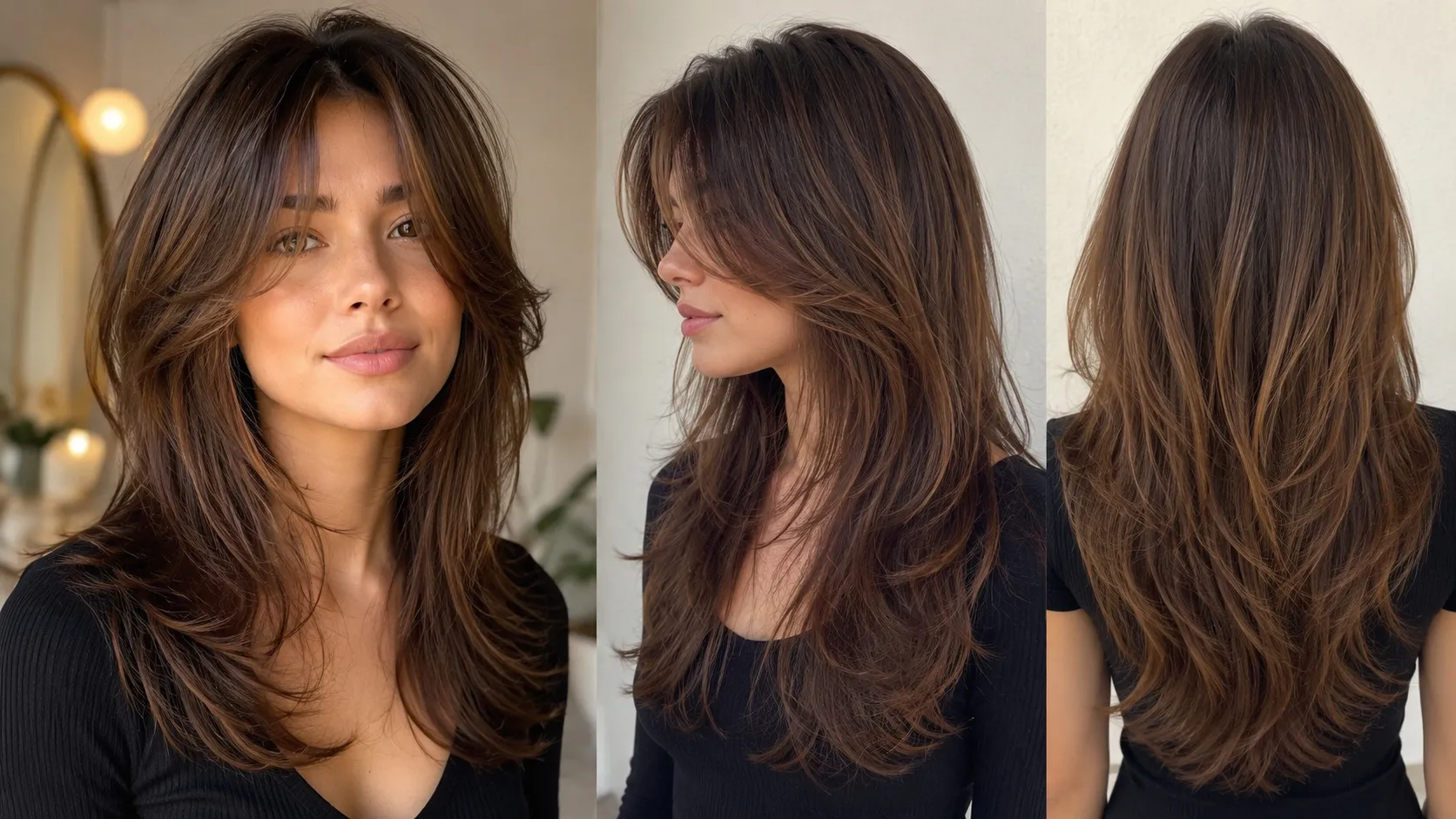 Long layered haircut with curtain bangs for a soft voluminous look