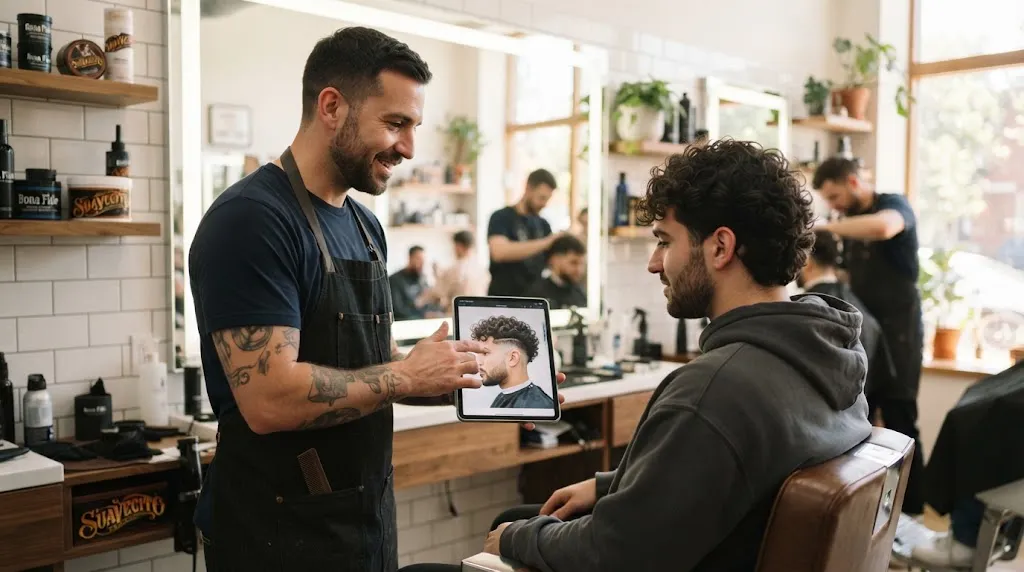A professional barber consulting a male client with curly hair using a tablet reference photo in a modern barbershop