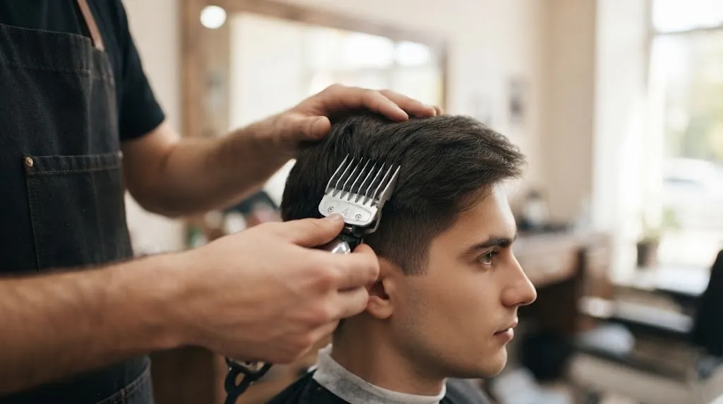 A close-up view of a barber holding a clipper with a numbered guard attachment near a client's head, illustrating the process of choosing the correct hair length for a normal slope haircut.