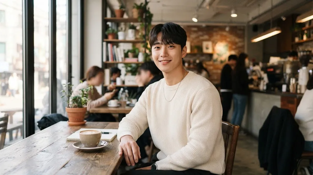 Young man with a clean, short Korean hairstyle featuring textured layers and a stylish fringe in a modern setting