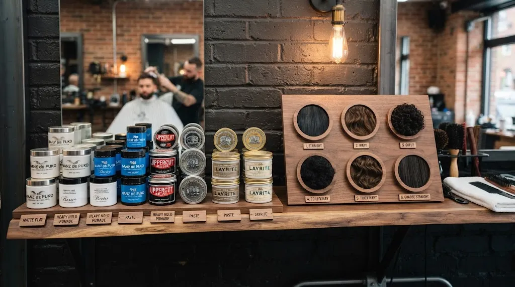 Professional collection of hair styling pomades and clays displayed in a modern barbershop, highlighting suitable styling products for different hair textures like fine, thick, curly, and straight hair.