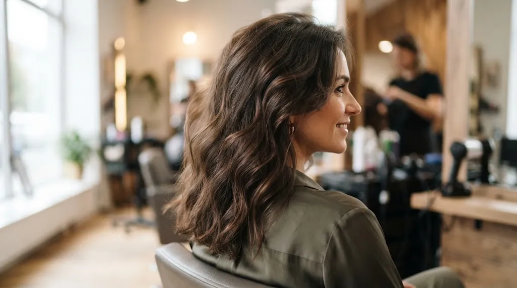 A woman showing beautiful medium length hair with great texture and density in a professional salon
