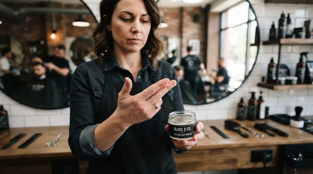 A professional stylist showing the correct dime-sized amount of pomade on fingertips for short hair styling