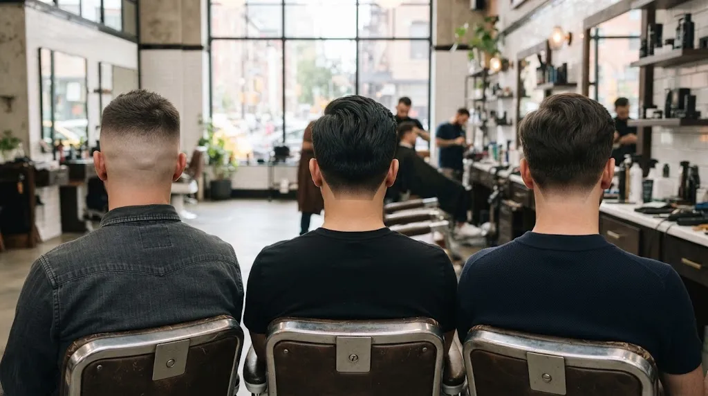 Professional rear view of various modern men's back hairstyle types including fades, tapers, and natural styles