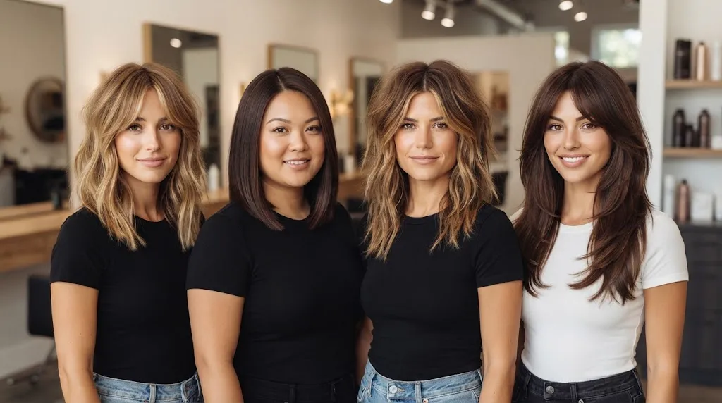 Four diverse women in a salon, each with a shoulder-length medium haircut (lob, shag, layered cut) tailored to their specific face shape and hair texture.
