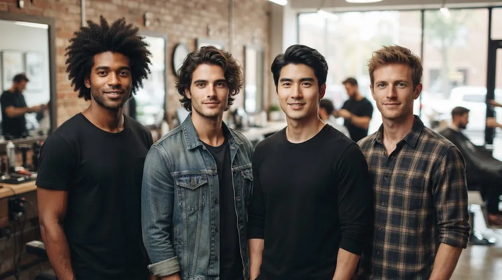 Four diverse men (Black with afro, Caucasian with wavy, Asian with straight, Caucasian with fine hair) standing together in a modern barbershop, representing various natural hair textures.
