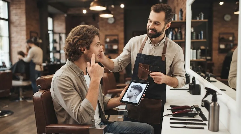 A male client in a barbershop chair discussing his desired haircut using a reference photo on a tablet with his barber.