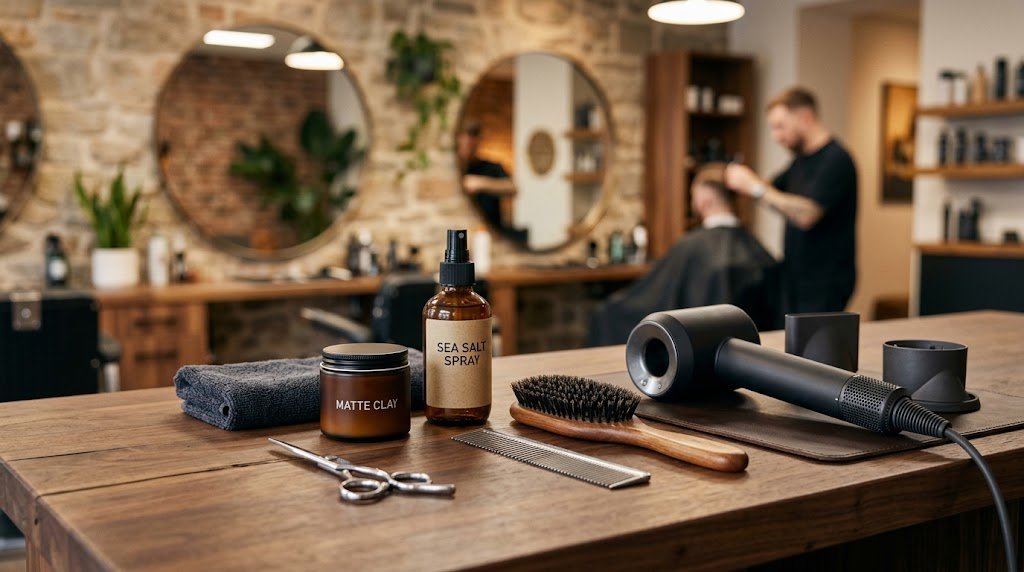 Professional men's hair styling products including matte clay, sea salt spray, brush, and hairdryer on a wooden table in a barbershop