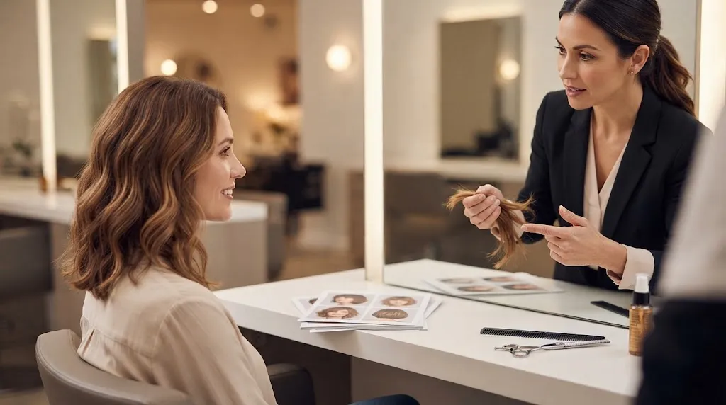 A professional hairstylist consulting with a client about a medium-length haircut in a modern salon.