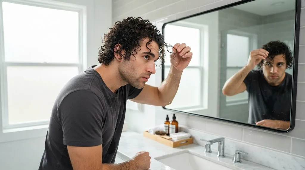 A man examining his wet curly hair strands in the mirror at home to identify his curl type