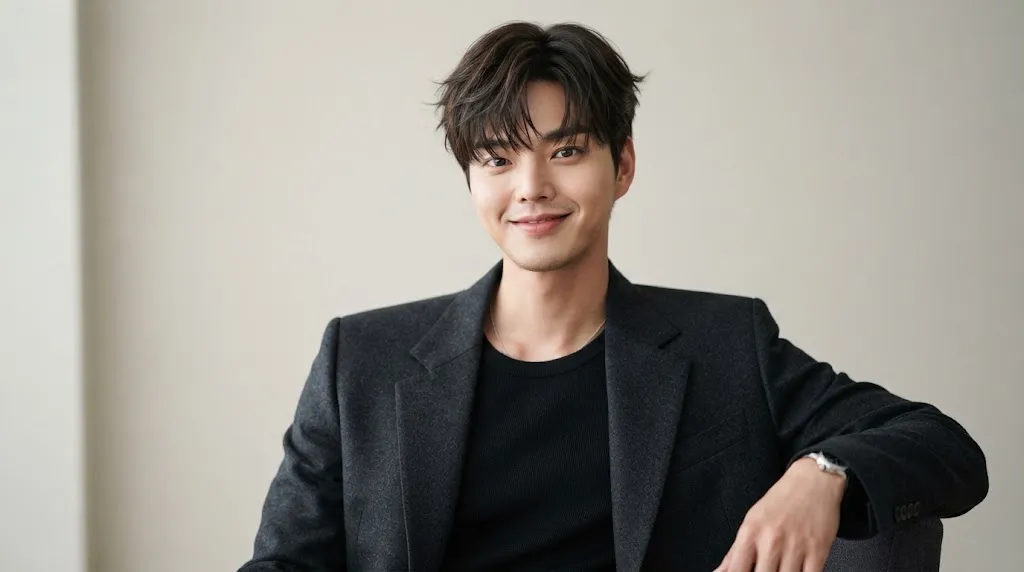 Stylish Korean actor with a modern layered haircut and textured fringe showcasing a trendy celebrity-inspired hairstyle