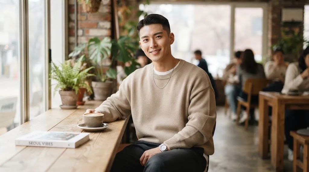 A young man with a stylish Korean two-block haircut and smooth straight hair in a modern setting