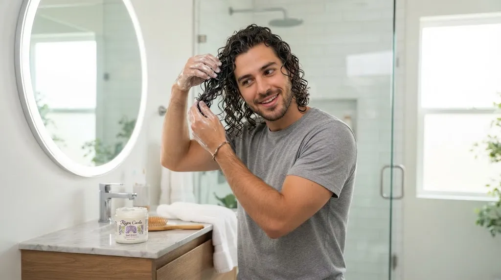 A young man with defined curls demonstrating the correct technique for applying hair product to damp curly hair.