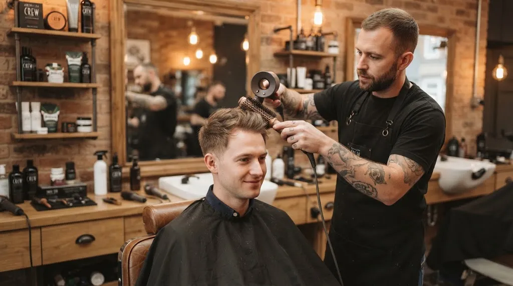 Professional barber styling a clean normal slope haircut on a man with fine thin hair in a modern barbershop