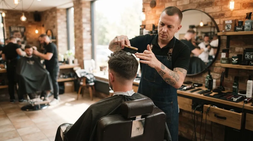 A professional barber applying styling product to a man's hair for a sleek back hairstyle in a modern barbershop.