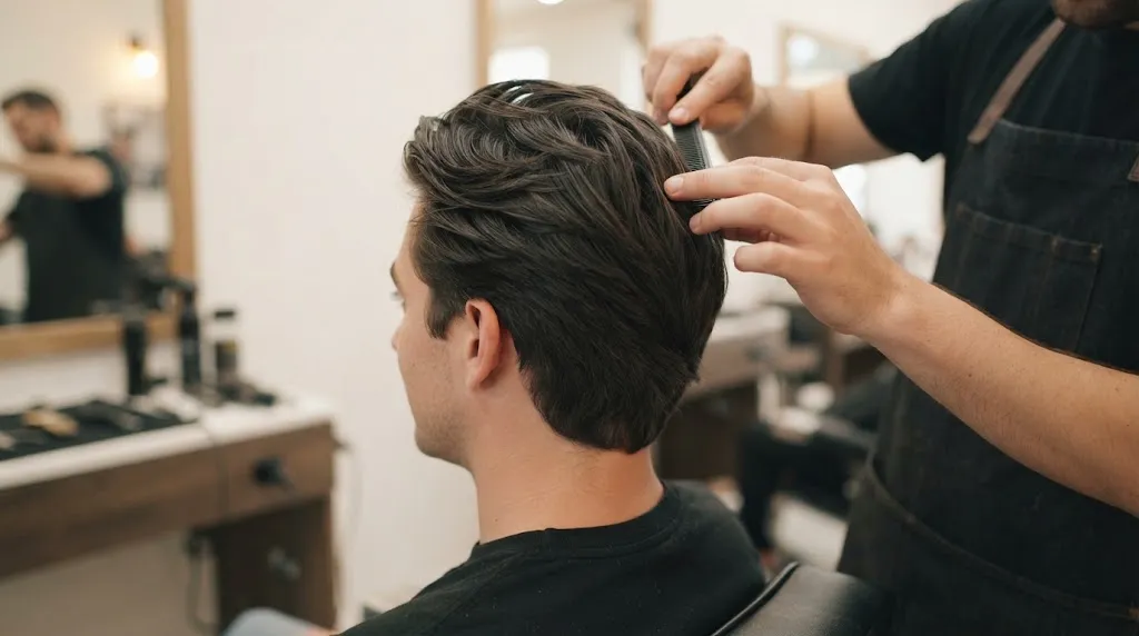 A close-up view from behind of a barber using a comb to fix the hair flow and crown integration on a client, demonstrating a practical styling solution.