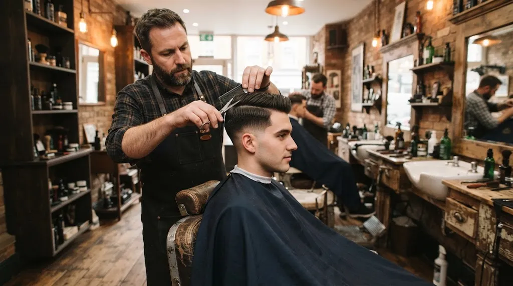 A professional barber giving a clean and stylish normal slope haircut with a smooth transition on the sides