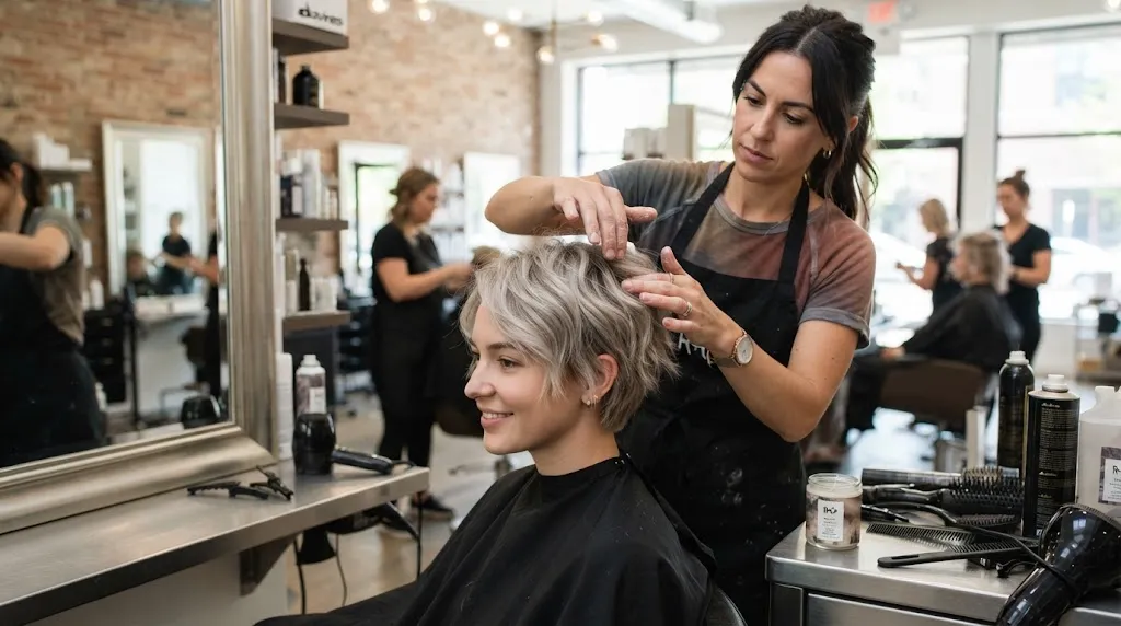 Professional hair stylist applying low-shine matte pomade to short hair for a clean, textured look instead of an oily finish