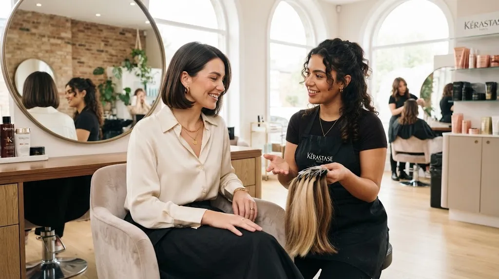 Professional hair consultation between a client and a stylist in a modern salon before getting a medium-length haircut