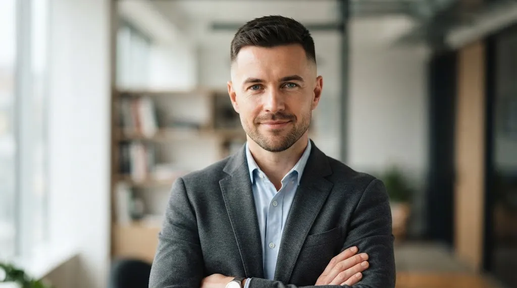 A man with a clean short normal slope haircut showing a gradual, natural transition on the sides and back.
