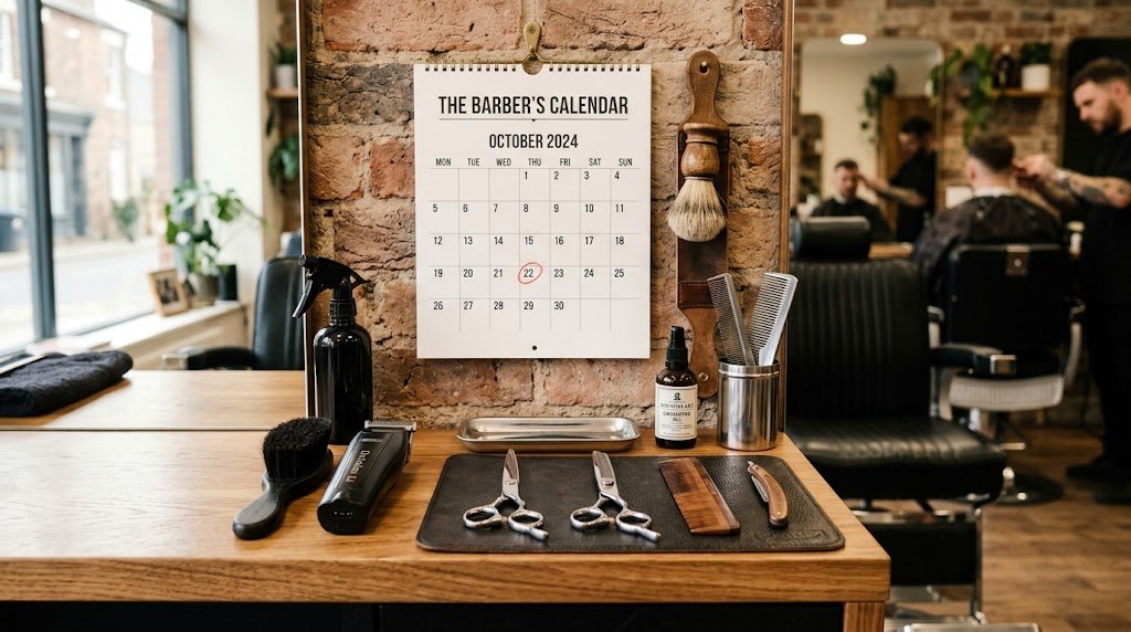 Professional barber tools, scissors, and a wall calendar representing haircut trim frequency and maintenance schedules for men.