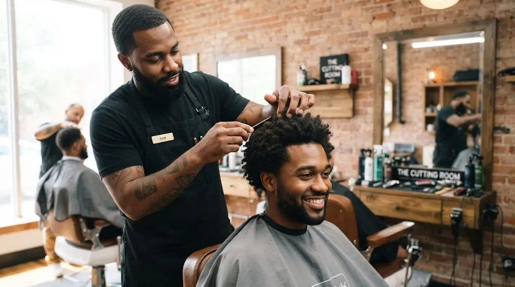 Professional barber examining curly hair textures to explain why curl type changes which haircut works best for men.