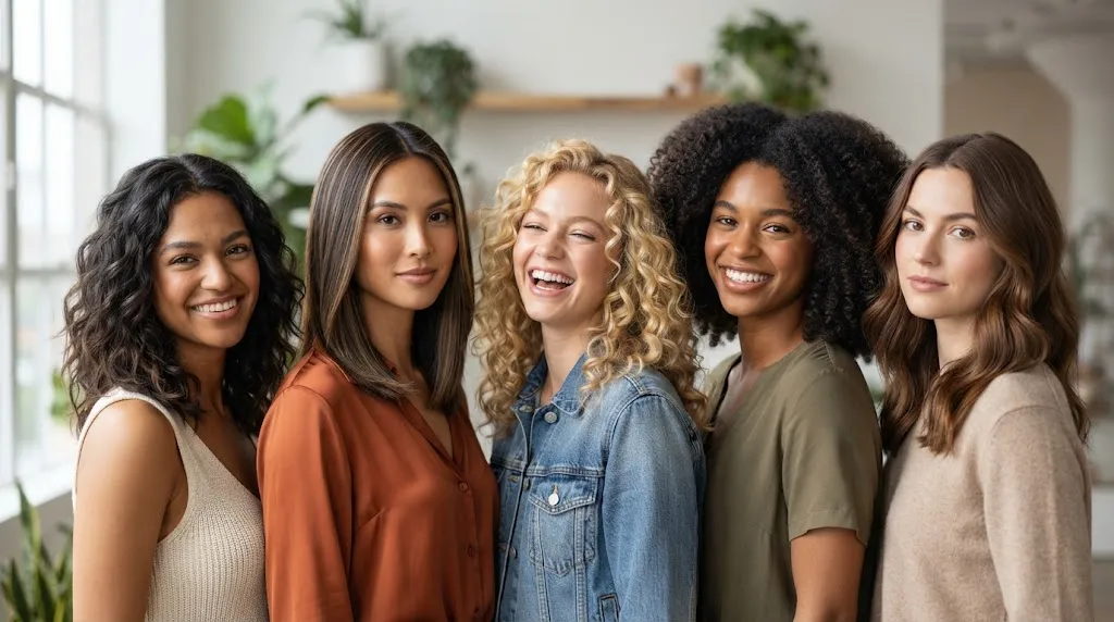 Collage of diverse medium-length hairstyles for various hair types including straight, wavy, and curly hair.