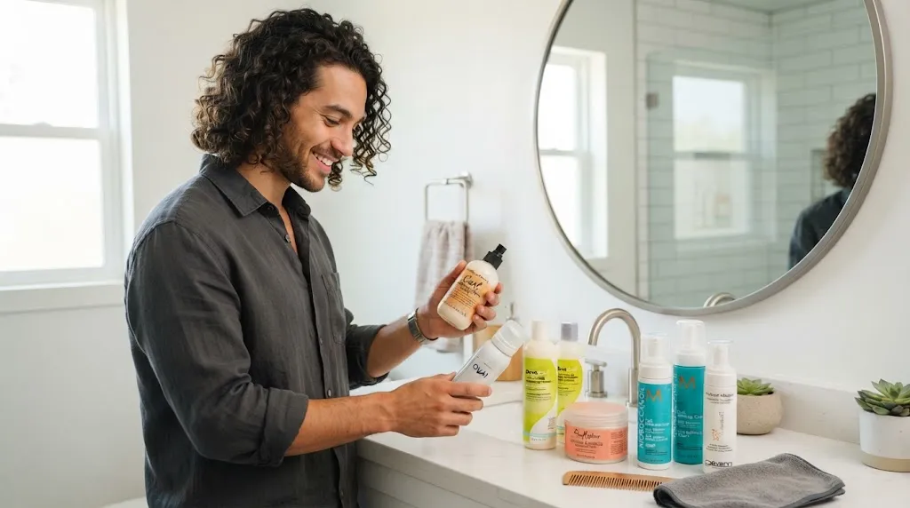 A man examining lightweight curl creams and styling mousses to avoid flattening his curly hair.