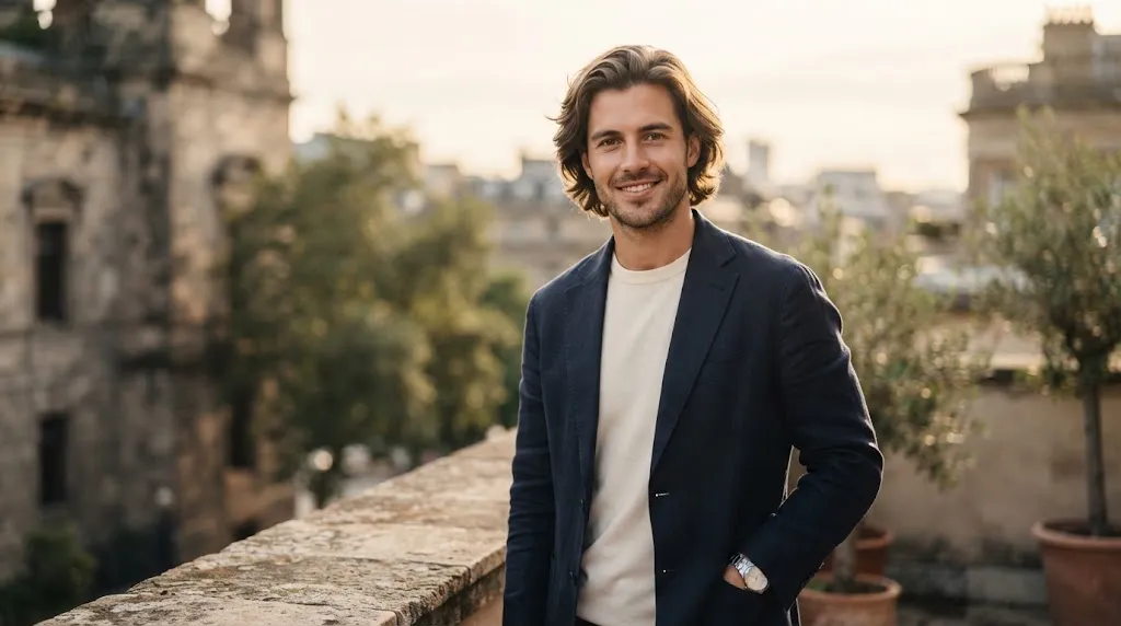 A stylish man with natural Type 2A straight-wavy hair showcasing subtle sweeping bends and healthy texture.