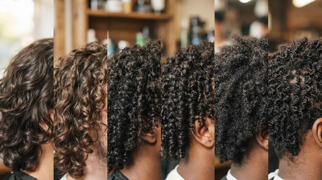 A detailed visual guide showcasing men's curly hair types from loose 2A waves to tight 4C coils and texture patterns.