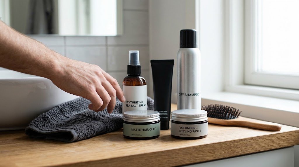 A candid photograph of a man's hand selecting from a row of professional men's hair grooming products like matte clay, sea salt spray, and volumizing paste on a bright wooden counter in a modern bathroom, without text.