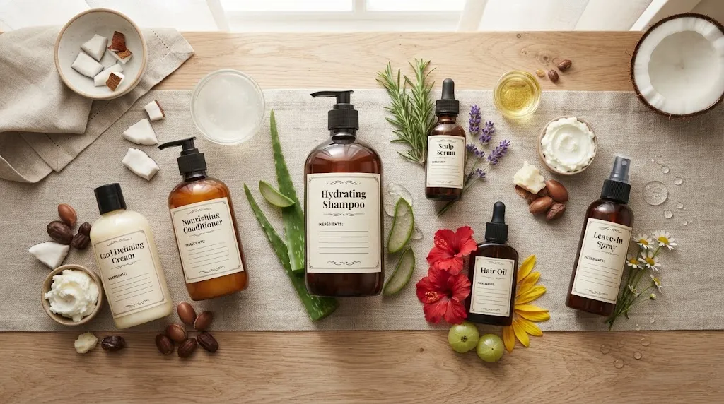 Flat lay photo of natural hair care products and botanical ingredients highlighting components to avoid for men with curly hair