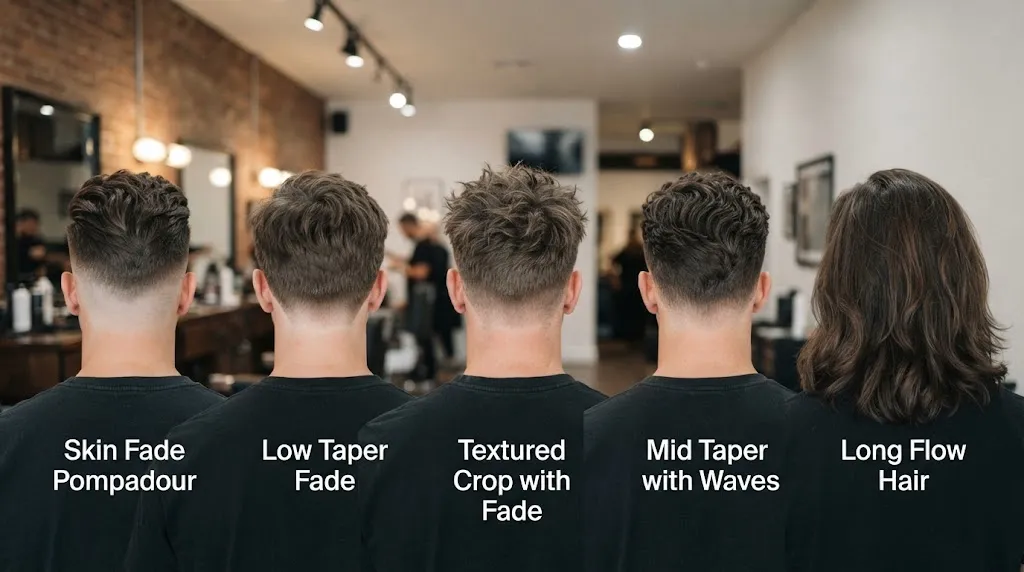 A professional back view showing different types of back hairstyles for men including fades, tapers, and flow cuts.