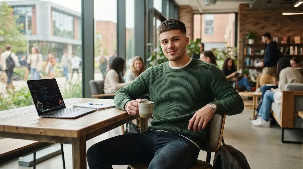 A stylish teenage college male student with a textured crop haircut and low taper fade designed to balance an oblong face shape in a modern campus setting.