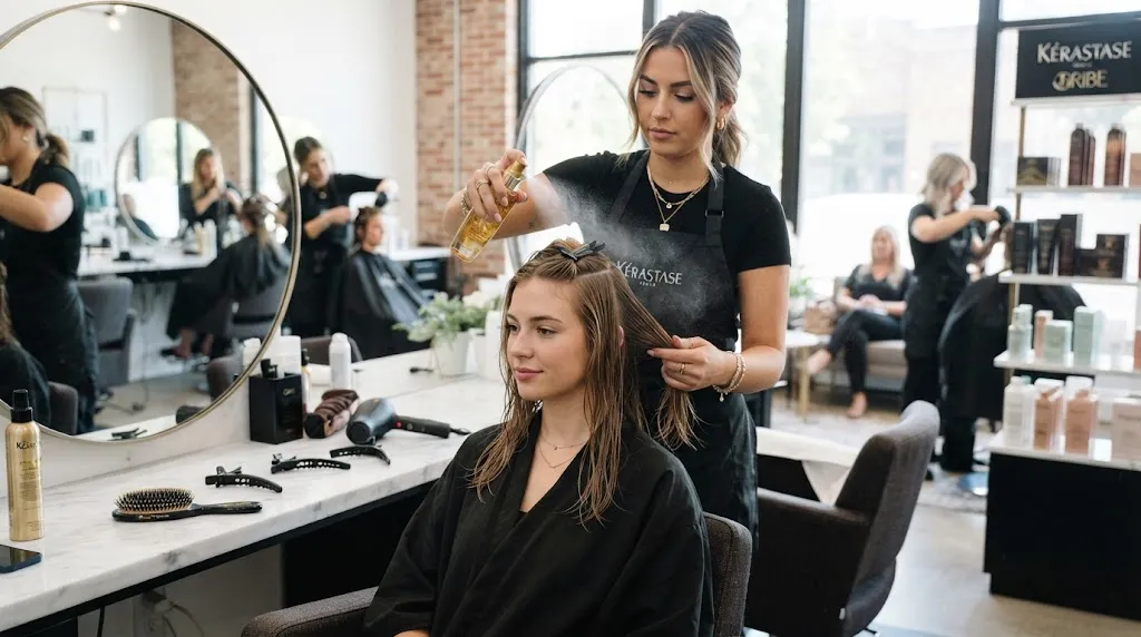 A professional hairstylist applying heat protectant spray to damp hair before using hot styling tools.
