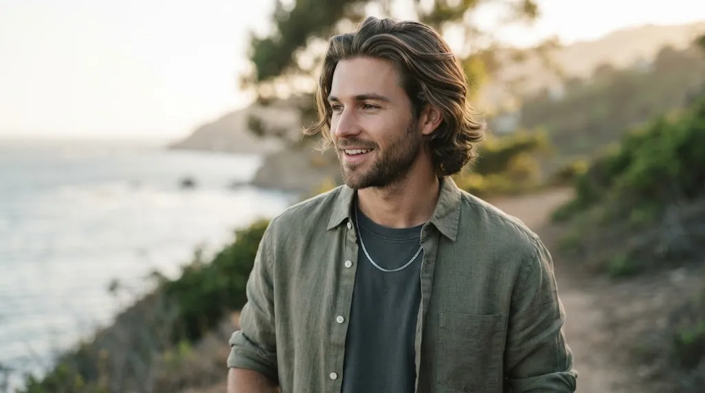 A handsome man with a stylish, medium-length wavy flow haircut smiling outdoors by the ocean, representing an attractive men's hairstyle.