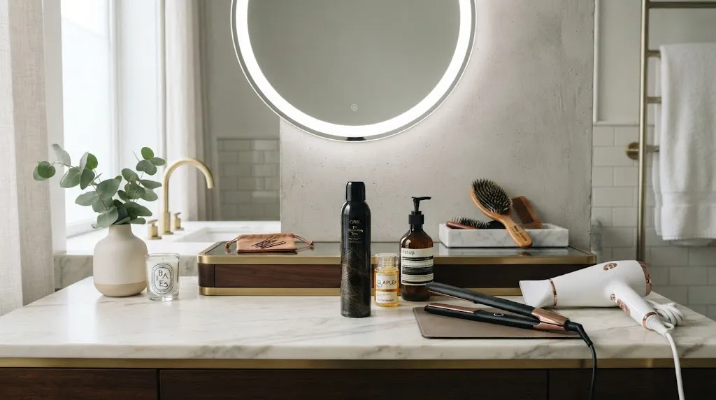 A neat and balanced arrangement of hair care products and styling tools on a modern vanity, illustrating proper product usage for hair setting.