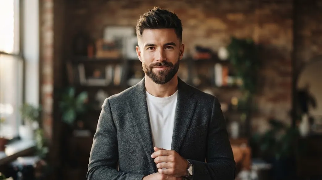 Stylish man with a textured crop haircut and balanced stubble beard designed for a long face shape