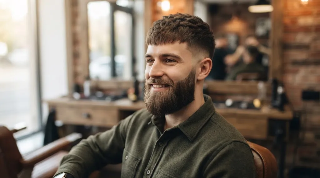 A stylish man with a long face shape and a perfectly balanced, neatly groomed full beard that adds width and structure, sitting in a barbershop.
