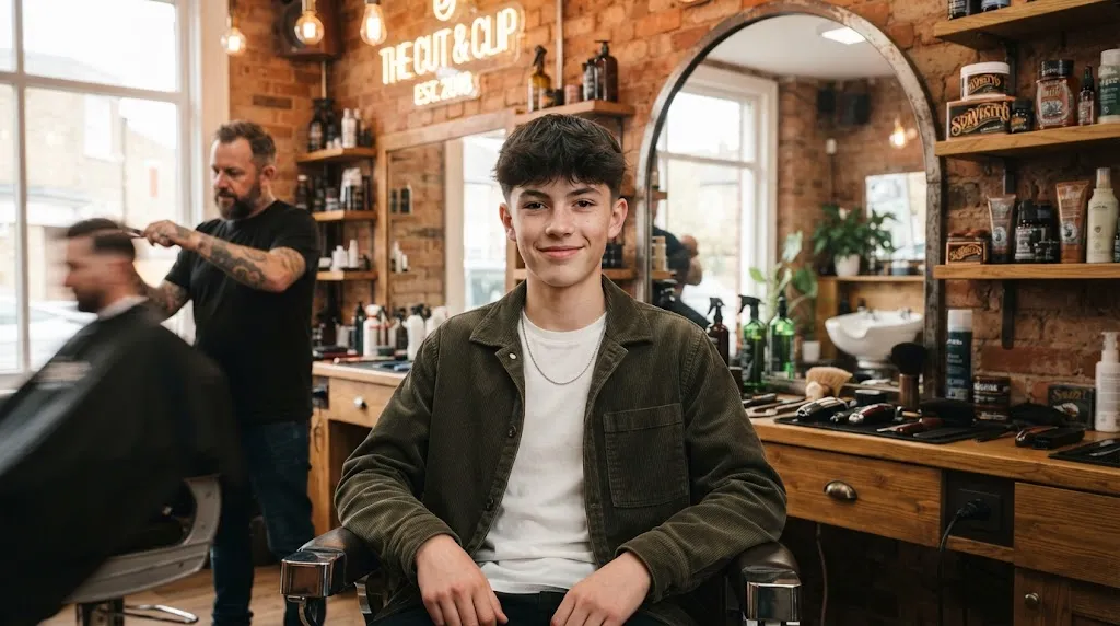 A teenage boy with a skinny face wearing a textured crop haircut to balance facial width and silky hair.