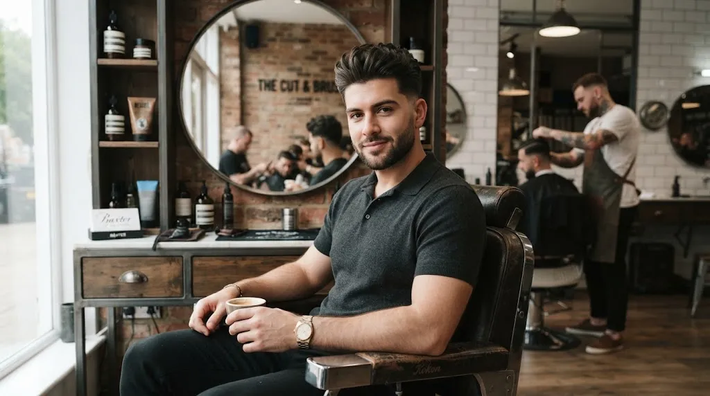 A stylish man with thick, well-styled hair sitting in a modern barbershop showcasing a balanced haircut for an oblong face shape
