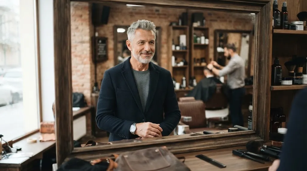 Confident older man with a stylish textured crop haircut designed for a receding hairline in a modern barbershop