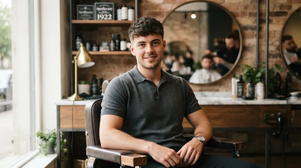 A handsome young man with short textured fine hair styled in a French crop to add volume and balance a long face shape