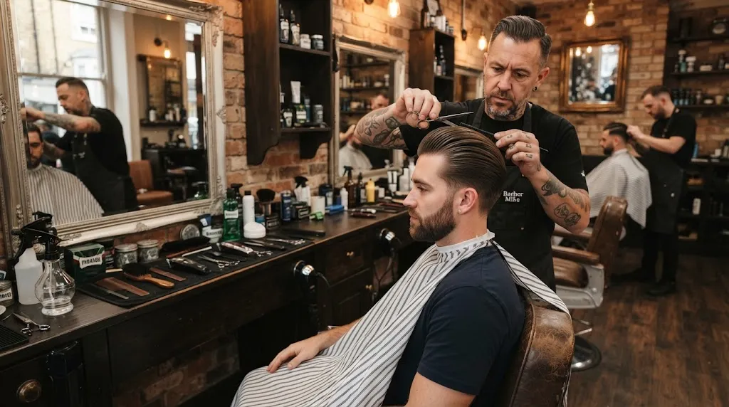 Professional barber styling a stylish man with smooth and sleek silky hair in a modern barbershop