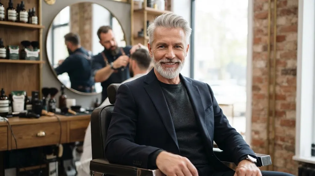 Confident 60-year-old man showcasing a stylish, modern haircut with well-groomed silver hair