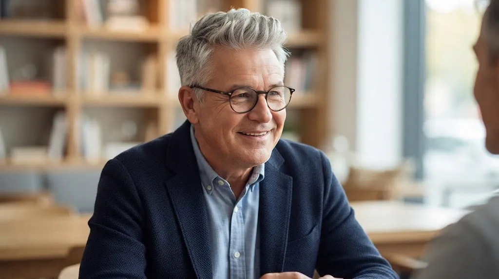 A stylish older gentleman with a salt-and-pepper textured crop haircut and glasses, smiling warmly in a cafe setting, representing a flattering look for a round face shape.