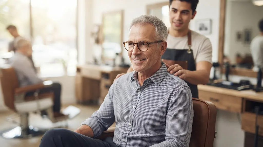 A stylish older man with salt-and-pepper thinning hair smiling in a barbershop chair after getting a short textured crop haircut, with a barber standing behind him.