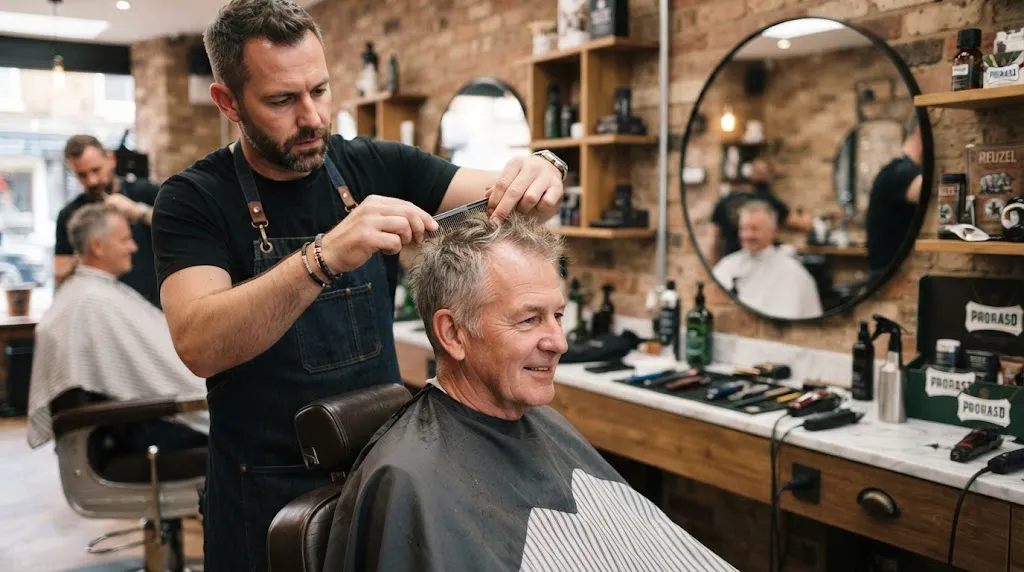 Professional barber styling a modern short textured haircut for an older man with thinning hair