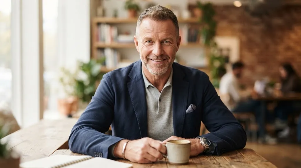 Stylish older man with a short textured haircut and confident look, showcasing a natural receding hairline style.