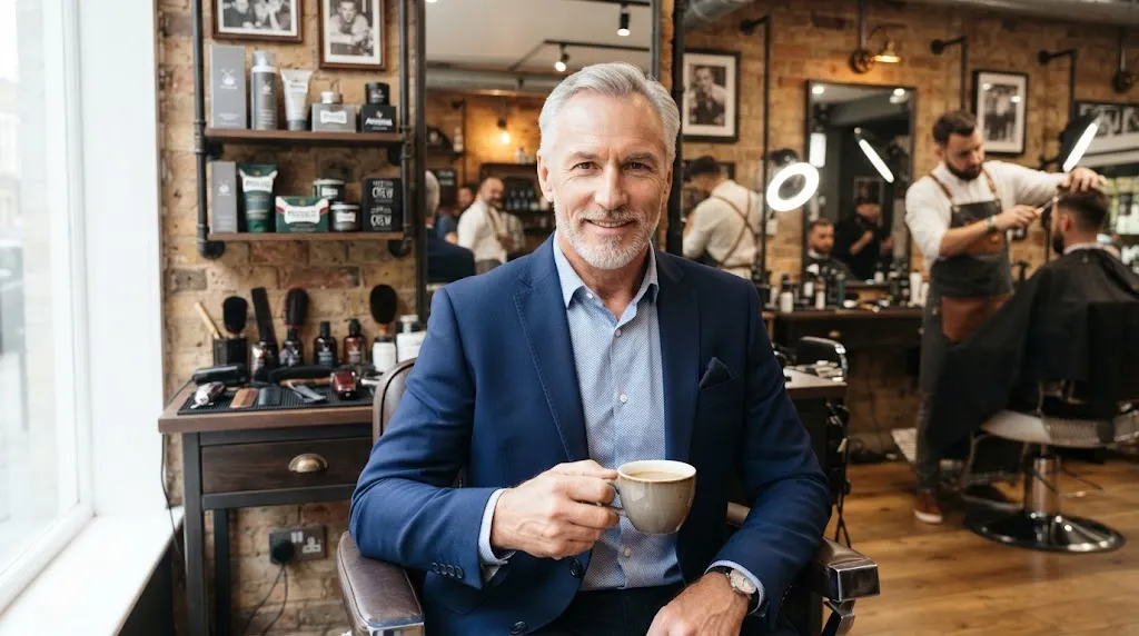 A stylish older man with clean, well-groomed straight hair in a modern setting, demonstrating the best hairstyle for mature men.